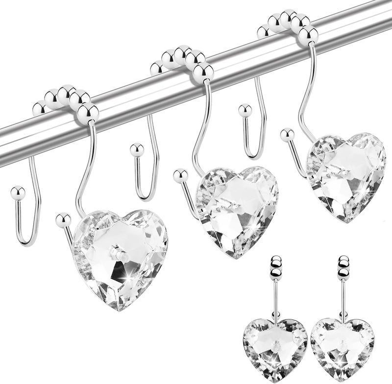 Yapicoco Shower Curtain Hooks Rings for Bathroom, 12PCS Heart Stainless Steel Rust Resistant Decorative Rhinestones Shower Curtain Rings Hangers for Shower Curtains (Double Hook Clear) - Image 1